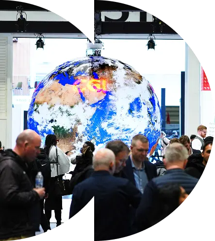 Visitors around the globe installation on the exhibition floor